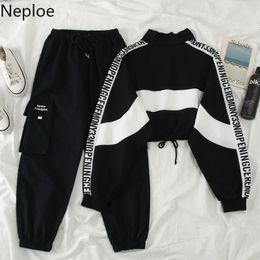 Neploe Women Sweatpants Safari Style Korean Lace Up Stretch High Waist Trousers New Letter Pockets Causal Cargo Pant 4C412 201106