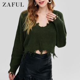 ZAFUL Fall Women Sweaters Loose Ripped V Neck Jumper Sweater Tassel Solid Pullover Long Sleeve Knit Crochet Cropped Top Autumn 201111