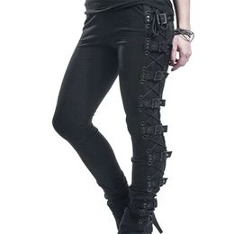 Rosetic Lace Up Casual Cargo Pants Women Buckle Gothic Punk Rock Dark Black Pantalons High Waist Pants Plus Size Trousers S-5XL 201031