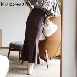 Kuzuwata Autumn Women Jupe Vintage Style Faldas Solid High Waist Slit slim Folds Ruffle Ankle-Length Mermaid Skirts 220221