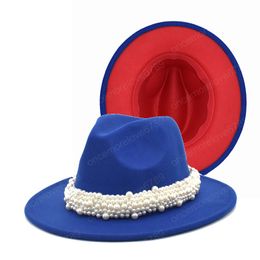 Blue Red Patchwork Fedora Hats Women Men Wide Brim Wool Jazz Felt Hat Panama Trilby Cap Trend Gambler Hat