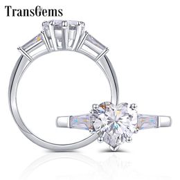 Transgems 10K White Gold 2ct Heart Shape F Color with Baguette Moissanite Engagement Ring for Women Y200620
