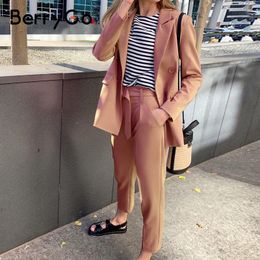 BerryGo Two-piece blazer women suits Long sleeve double breasted casual blazer pants set Office ladies elegant pant suits 201030