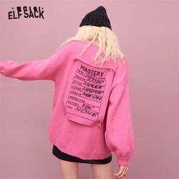 ELFSACK Letter Back Patch Loose Korean Women Knit Pullover Sweaters,2020 Autumn ELF Full Sleeve,Casual Girly Basic Daily Top LJ201114