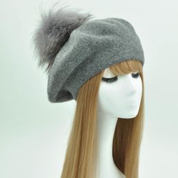 Winter Female Beret Women Hat 15CM Real Raccoon Fur Pompom Beret Wool Cashmere Natural Fur Ball Women Beret Cap for Women 201012