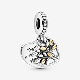 100% 925 Sterling Silver Two-Tone Family Tree Heart Dangle Charm Fit Original European Charms Bracelet Fashion Wedding Engagement Jewellery Accessories