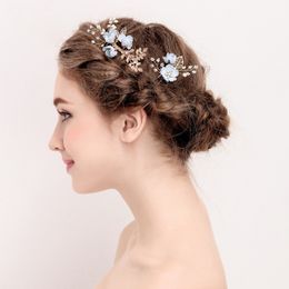 Luxury 4pcs Blue Flower Combs Headdress Prom Bridal Wedding Accessories Gold Leaves Jewelry Pearl Hair Pins Y200409