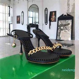 massage fingerboard sandals women wear 2022 new chain small golden ball one-sided belt high heels 5658