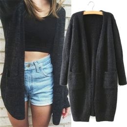 Winter Long Sleeve Knitted Cardigan Women Fluffy Sweater Pocket Outwear Coat Jacket Ladies Basic Sweater Black LJ200815