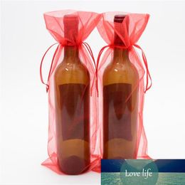50pcs 15x38cm Gold Drawstring Organza Wine Bags For Wedding Party Gift Champagne Bottle Holder Pouches free shipping