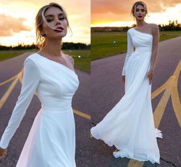 Vestidos Long Sleeves Beach Wedding Dresses 2021 Illusion Pearls Beaded Boho Mariage Bridal Gowns With Side Split A-Line Robe De Mariee