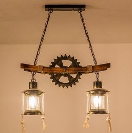 American light design vintage chandelier retro Cafe Bar Restaurant wooden loft pendant lamp gear industrial hanging glass light