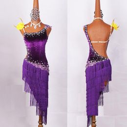 2020 Women Latin Dancing Costumes Lycra Net Top Tassel Skirt Salsa Samba Rumba India Ladies Fringe Latin Dance Dress DW1074290y