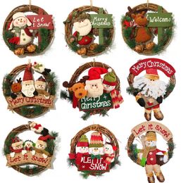 The latest 35CM Christmas wreath Santa Claus snowman deer solid wood rattan rattan ring pendant Christmas decoration door hanging