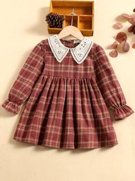 Toddler Girls Plaid Eyelet Embroidered Peter-pan Collar Flounce Sleeve Dress SHE
