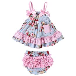New Baby Girl Clothes Baby Sets Cotton Sleeveless Toddler Infant Ruffle Tops + Shorts Overall Floral Clothes Set 3-24 month LJ201221