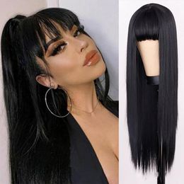 Flat Bangs Long Straight Wig Female Soft Chemical Fiber Hair Fashion Ladies Full Head Cover Wig