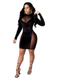 Women Sexy Casual Dresses One Sleeve Velvet Sheer Mesh Irregular Fluffy Trim Club Bodycon Mini Dress