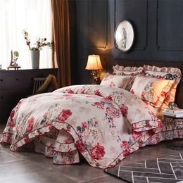 Vintage style Floral Ruffle Zipper Duvet Cover Bed Sheet Pillowcase Lightweight Microfiber Soft Bedding sets Queen size 4Pcs T200706