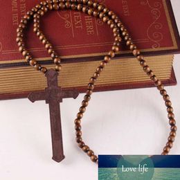 Vintage Large Wood Wooden Dark Cross Pendant Necklace Long Steel Chain Boho Gothic