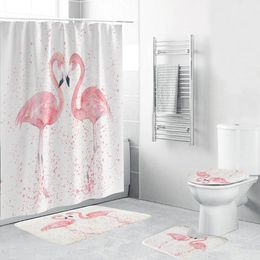 Flamingo Shower Curtain Animal Print Pink Bathroom Accessories Toilet Cover&Mat 4 Piece Set with Reinforced Buttonholes T200711