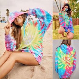 Colourful Tie Dye Printed Women Hoodies Autumn Oversized Gradient Long Sleeve Hooded Female Tops Korean Loose Pullover Sweatshirt 201209