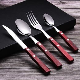 Stainless Steel Tableware Spoon Fork Knife Red Brown Wooden Handles Western Dinnerware Desserts Spoon Teaspoon Gift Wholesale BH4269 TYJ