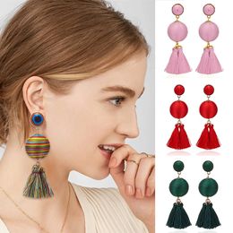 Fashion Bohemian Long Tassel Drop Earrings Black Pink Red Silk Fabric Ball Multi Color Dangle Earrings For Women Jewelry