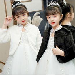 Black White Faux Fur Cape For Kids Girl Winter Warm Clothes Wedding Party Dress Lace Shawl Gill Jacket Wrap Shrug Bolero Coat 201106