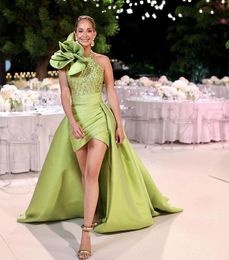 Stunding Sage Flowers Sequins Beads Evening Dresses Chic Halter Backless Short Sheath Satin Prom Dresses For Women Girl 2022 Celebrity Party Special Occasion Gowns