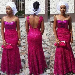 Nigerian Aso Ebi Style Evening Dresses V-neck Fuchsia Prom Dresses Sequined Low Back Lace Floor-length Mermaid Naija Party Gowns L137