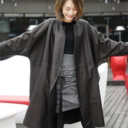 Lautaro Black oversized leather jacket women batwing sleeve Casual soft loose wrap coat Plus size faux leather streetwear women 210201