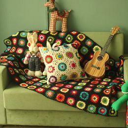 Handmade original Crochet afghan blanket Hand hooked crochet blanket cushion felt pastoral style granny square 201128