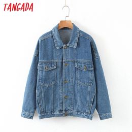 Tangada Women boy friend denim jacket coat autumn pocket Ladies Long Sleeve loose oversize Coat HY238 201026