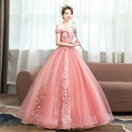 2021 Fashion Flowers Appliques Bateau Pink Ball Gown Quinceanera Dresses Tulle Sweet 16 Debutante Prom Party Dress Custom Made 040