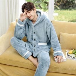 Winter Warm Soft Coral fleece Pyjamas Men Women Long-sleeved Sleepwear Pijama Couple Homme Nightwear Cardigan Pyjamas 201111