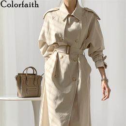 Colorfaith New Autumn Winter Women's Windbreaker Elegant Buttons Vintage Oversize Lace Up Office Long Trench Tops JK1311 201028