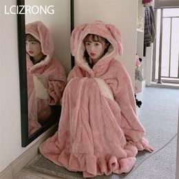 Winter Sweet Girl Cute Big Rabbit Ear Loose Bathrobe Women Fashion Warm Comfortable Midi Robe Long Sleeve Dressing Gown Female 210203