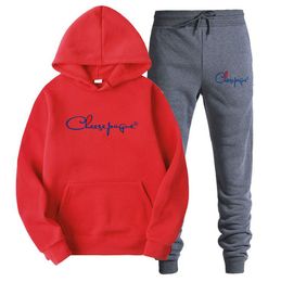 Men Tracksuit Casual 2 Pieces Sets Cotton Sweatshirt Hooded+Sweatpants Print Sportswear Mens Clothes Solid Jogger Sport Suit