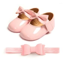 First Walkers 2Pcs/set Baby Girls Cute Bowknot Shoes PU Leather With Bow Red Black Pink White Soft Soled Non-slip Headband Sets