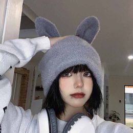 Solid Knit Cap Women Cute Lolita Kawaii Fashion Streetwear Korean Japanese Stitch Ear Knitted Hat Winter Autumn Spring Beanies