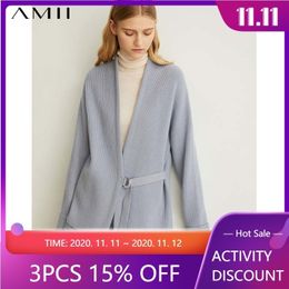 Amii women's spring pine ribbon knitting wool coat new solid full sleeves belt vneck sweater 11940411 201031