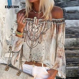 Summer Off Shoulder Floral Print Blouse Shirts Women Elegant Lace-up Hollow Out Top Vintage Flare Sleeve Ladies Office Blouses LJ200812