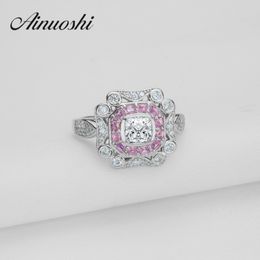 AINOUSHI Fashion Design 0.63 ct Princess Cut Simulated Halo Ring 925 Sterling Silver Bague Elegant Rose Color Engagement Rings Y200106