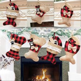 Plaid Fabric Bags Christmas Stocking Bone Fish Shape Ornaments Bow Dog Paw Baubles Gift Bag Xmas Tree Pendant 12gm G2