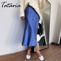 Faldas de satén de seda tataria para mujeres de cintura alta de cintura a línea elegante verano rosa midi estilo coreano 220215
