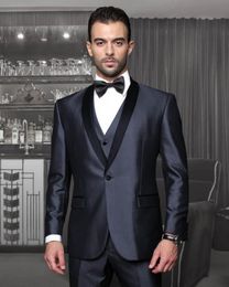 New Fashion Shiny Navy Blue Groom Tuxedos Groomsmen Excellent Shawl Lapel Man Wedding Wear High Quality Men Party Prom Suit(Jacket+Pants+Tie+Vest) 2811