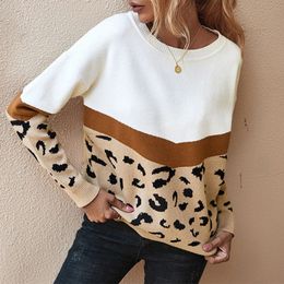 Leopard Print Women Sweater Colorblock Patchwork Loose Female Pullover Contrast O-Neck Casual Autumn Winter Lady Jumper 201017