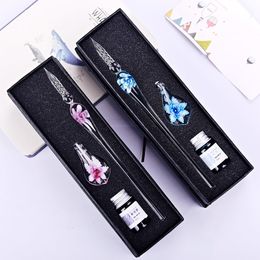 Art Writing Signatures Calligraphy Decoration Flower Crystal Lampwork Glass Pen with Colorful Inks Murano Glass Dip Pen Ink Set with Holder