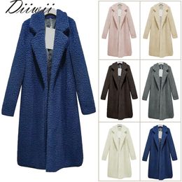 Diiwii Long Fleece Jackets Winter Warm Teddy Coat Cardigan Office Lady Sexy Women Wool Blends Full Tops Overcoats Plus Size 201102